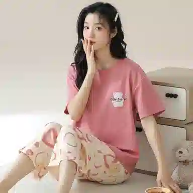 兰缪 凉感甜美爱心可爱小熊印花柔软亲肤面料舒适安睡居家可外穿睡衣套装 女款