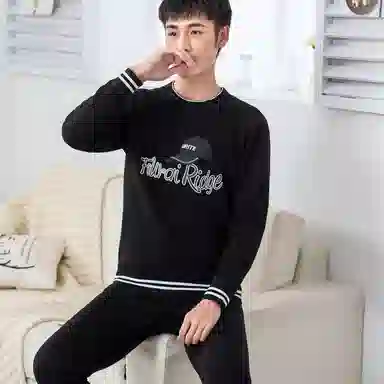 兰缪 加绒加厚青少年纯棉螺纹圆领家居服卫衣个性卡通涂鸦无骨拼接设计不易褪色防刮耐磨蓄热锁温抗寒舒适透气可外穿保暖套装 男款