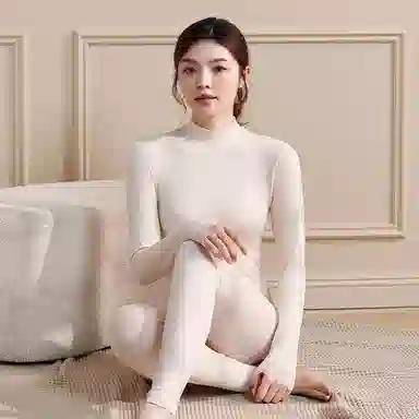 兰缪 腈纶发热纱中领内衣女生修身秋衣秋裤柔软舒适云朵般触感无痕轻薄收腰塑性蕾丝圆领居家服时尚优雅保暖套装 女款