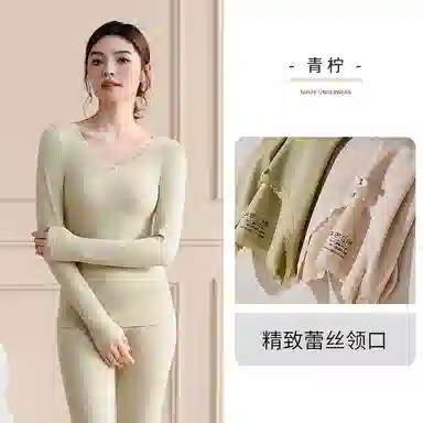 兰缪 百搭恒温蕾丝圆领内衣轻薄不臃肿高弹服帖柔软舒适全身抗静电秋衣秋裤时尚透气保暖套装 女款