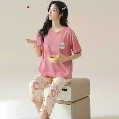 兰缪 凉感甜美爱心可爱小熊印花柔软亲肤面料舒适安睡居家可外穿睡衣套装 女款