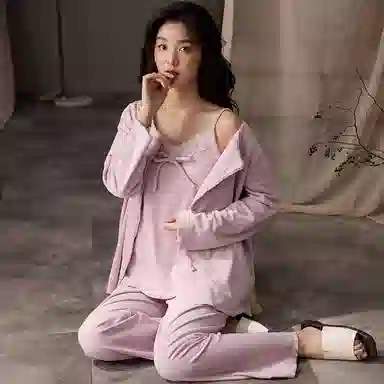 兰缪 甜美时尚海岛绒带胸垫三件套舒适保暖性感蕾丝吊带圆领开衫家居服运动亲肤透气可外穿睡衣套装 女款 图片色