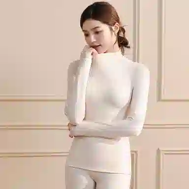 兰缪 腈纶发热纱中领内衣女生修身秋衣秋裤柔软舒适云朵般触感无痕轻薄收腰塑性蕾丝圆领居家服时尚优雅保暖套装 女款