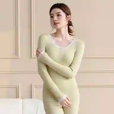 兰缪 桑蚕丝发热绵羊毛蕾丝圆领内衣轻薄修身显瘦高弹服帖亲肤柔软秋衣秋裤保暖套装 女款