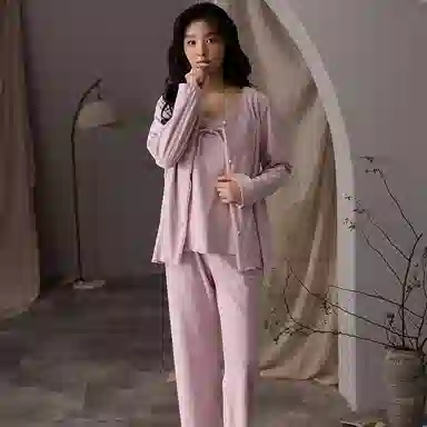 兰缪 甜美时尚海岛绒带胸垫三件套舒适保暖性感蕾丝吊带圆领开衫家居服运动亲肤透气可外穿睡衣套装 女款 图片色