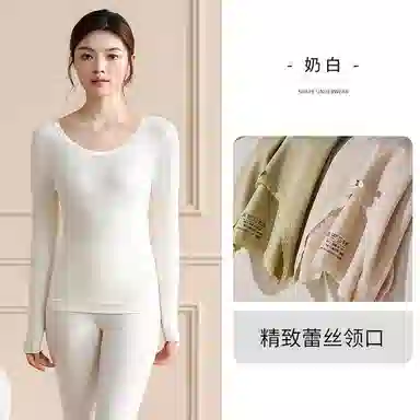 兰缪 百搭恒温蕾丝圆领内衣轻薄不臃肿高弹服帖柔软舒适全身抗静电秋衣秋裤时尚透气保暖套装 女款