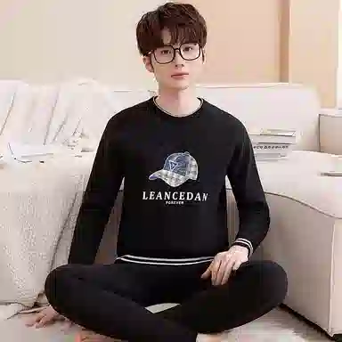 兰缪 加绒加厚青少年纯棉螺纹圆领家居服卫衣个性卡通涂鸦无骨拼接设计不易褪色防刮耐磨蓄热锁温抗寒舒适透气可外穿保暖套装 男款