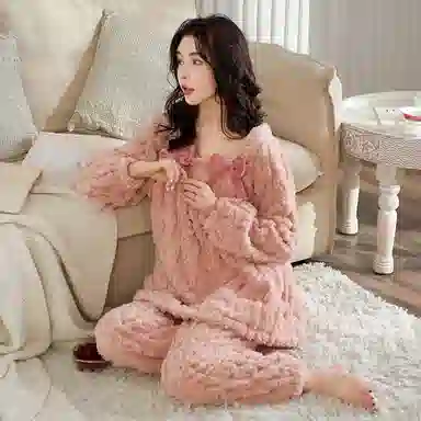 兰缪 双面保暖提花绒方领长袖长裤家居服可爱甜美蝴蝶结设计抗寒舒适透气遮肉亲肤柔软可外穿睡衣套装 女款