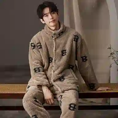 兰缪 时尚蓄热保暖立领开衫运动舒适透气长袖长裤可外穿家居服睡衣套装 男款 卡其色