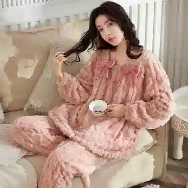兰缪 双面保暖提花绒方领长袖长裤家居服可爱甜美蝴蝶结设计抗寒舒适透气遮肉亲肤柔软可外穿睡衣套装 女款