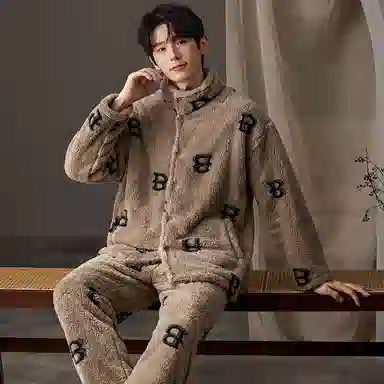 兰缪 时尚蓄热保暖立领开衫运动舒适透气长袖长裤可外穿家居服睡衣套装 男款 卡其色