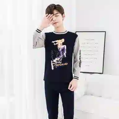 兰缪 青少年加绒加厚个性涂鸦设计圆领套头不易褪色防刮耐磨不起球抗寒蓄热锁温透气舒适保暖套装 男款