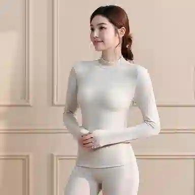 兰缪 腈纶发热纱中领内衣女生修身秋衣秋裤柔软舒适云朵般触感无痕轻薄收腰塑性蕾丝圆领居家服时尚优雅保暖套装 女款