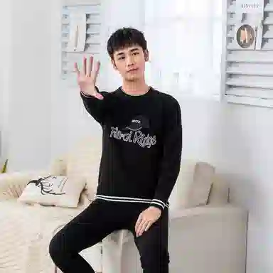 兰缪 加绒加厚青少年纯棉螺纹圆领家居服卫衣个性卡通涂鸦无骨拼接设计不易褪色防刮耐磨蓄热锁温抗寒舒适透气可外穿保暖套装 男款