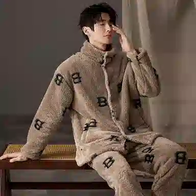 兰缪 时尚蓄热保暖立领开衫运动舒适透气长袖长裤可外穿家居服睡衣套装 男款 卡其色