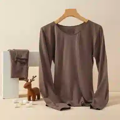 兰缪 桑蚕丝蛋白发热丝圆领长袖长裤百搭舒适提臀设计美体高弹亲肤柔软贴身打底恒温蓄暖吸湿透气保暖套装 女款