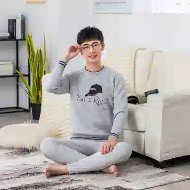 兰缪 加绒加厚青少年纯棉螺纹圆领家居服卫衣个性卡通涂鸦无骨拼接设计不易褪色防刮耐磨蓄热锁温抗寒舒适透气可外穿保暖套装 男款