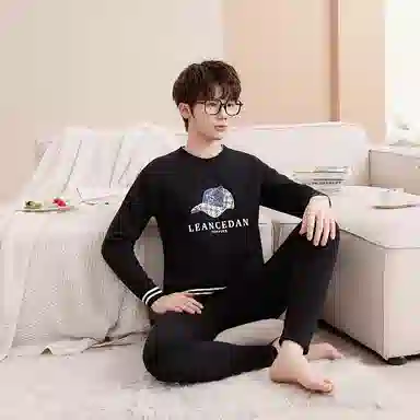 兰缪 加绒加厚青少年纯棉螺纹圆领家居服卫衣个性卡通涂鸦无骨拼接设计不易褪色防刮耐磨蓄热锁温抗寒舒适透气可外穿保暖套装 男款