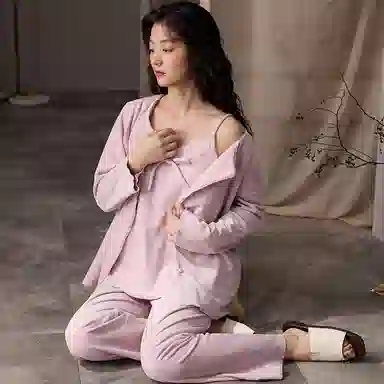 兰缪 甜美时尚海岛绒带胸垫三件套舒适保暖性感蕾丝吊带圆领开衫家居服运动亲肤透气可外穿睡衣套装 女款 图片色