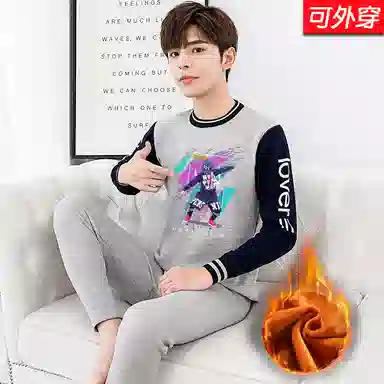 兰缪 青少年加厚圆领黄金绒个性卡通涂鸦不易褪色防刮耐磨不易起球抗寒蓄热锁温透气舒适可外穿家居服保暖套装 男款