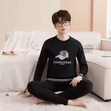 兰缪 加绒加厚青少年纯棉螺纹圆领家居服卫衣个性卡通涂鸦无骨拼接设计不易褪色防刮耐磨蓄热锁温抗寒舒适透气可外穿保暖套装 男款