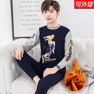 兰缪 青少年加绒加厚个性涂鸦设计圆领套头不易褪色防刮耐磨不起球抗寒蓄热锁温透气舒适保暖套装 男款