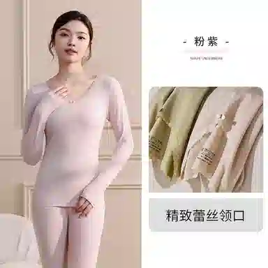 兰缪 百搭恒温蕾丝圆领内衣轻薄不臃肿柔软舒适全身抗静电秋衣秋裤时尚透气保暖套装 女款