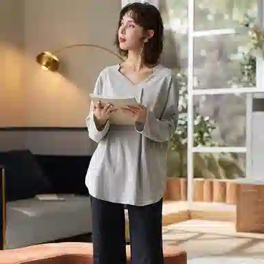 兰缪 韩系潮流时尚气质简约长袖个性休闲舒适透气长裤睡衣套装 女款 图片色