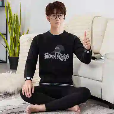 兰缪 加绒加厚青少年纯棉螺纹圆领家居服卫衣个性卡通涂鸦无骨拼接设计不易褪色防刮耐磨蓄热锁温抗寒舒适透气可外穿保暖套装 男款