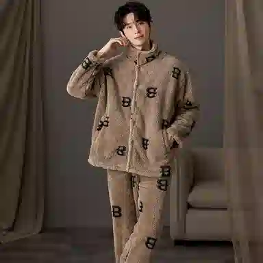 兰缪 时尚蓄热保暖立领开衫运动舒适透气长袖长裤可外穿家居服睡衣套装 男款 卡其色