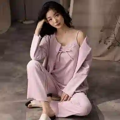 兰缪 甜美时尚海岛绒带胸垫三件套舒适保暖性感蕾丝吊带圆领开衫家居服运动亲肤透气可外穿睡衣套装 女款 图片色