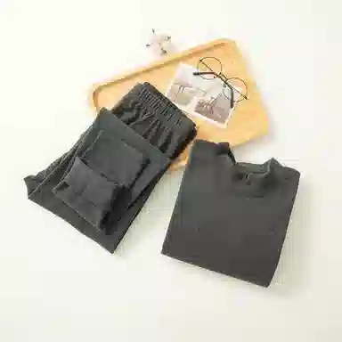 兰缪 双面磨毛德绒中领内衣黑科技阳离子防风护颈高弹亲肤柔软舒适锁温蓄热抑菌透气无痕基础打底保暖套装 男款