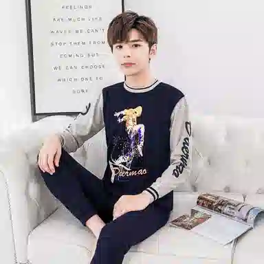 兰缪 青少年加绒加厚个性涂鸦圆领套头抗寒蓄热锁温不易褪色防刮耐磨不起球透气舒适保暖套装 男款