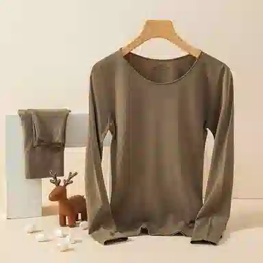 兰缪 桑蚕丝蛋白发热丝圆领长袖长裤百搭舒适提臀设计美体高弹亲肤柔软贴身打底恒温蓄暖吸湿透气保暖套装 女款