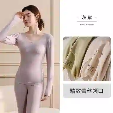 兰缪 百搭恒温蕾丝圆领内衣轻薄不臃肿柔软舒适全身抗静电秋衣秋裤时尚透气保暖套装 女款