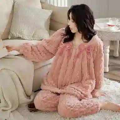 兰缪 双面保暖提花绒方领长袖长裤家居服可爱甜美蝴蝶结设计抗寒舒适透气遮肉亲肤柔软可外穿睡衣套装 女款