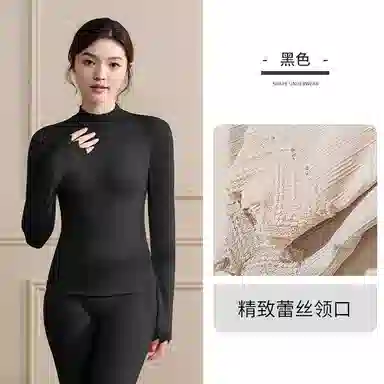 兰缪 腈纶发热纱中领内衣女生修身秋衣秋裤柔软舒适云朵般触感无痕轻薄收腰塑性蕾丝圆领居家服时尚优雅保暖套装 女款