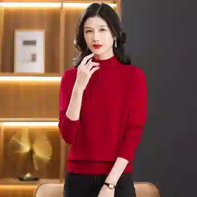 恒源祥 纯色半高领厚款套头长袖针织衫 女款