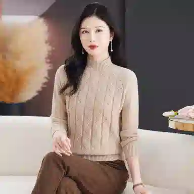 恒源祥 休闲简约气质时尚半高领纯色波浪纹路长袖针织衫 女款