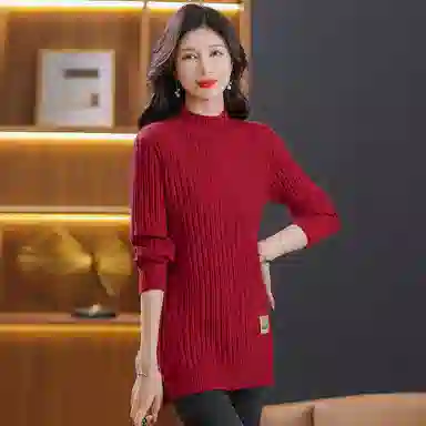 恒源祥 修身显瘦半高领纯色质感中长款长袖针织衫 女款