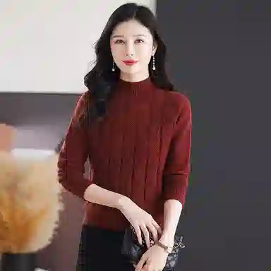 恒源祥 休闲简约气质时尚半高领纯色波浪纹路长袖针织衫 女款