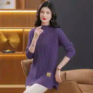 恒源祥 修身显瘦半高领纯色质感中长款长袖针织衫 女款