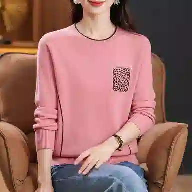 恒源祥 时尚百搭减龄圆领纯色印花质感羊毛针织衫 女款