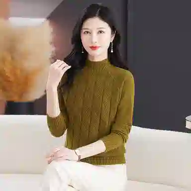 恒源祥 休闲简约气质时尚半高领纯色波浪纹路长袖针织衫 女款