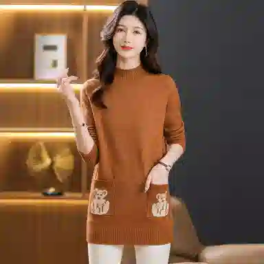 恒源祥 气质简约纯色印花半高领中长款长袖针织衫 女款