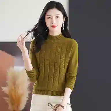 恒源祥 休闲简约气质时尚半高领纯色波浪纹路长袖针织衫 女款