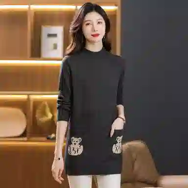 恒源祥 气质简约纯色印花半高领中长款长袖针织衫 女款