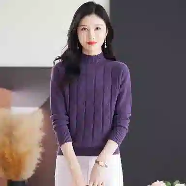 恒源祥 休闲简约气质时尚半高领纯色波浪纹路长袖针织衫 女款