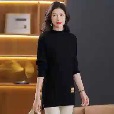 恒源祥 修身显瘦半高领纯色质感中长款长袖针织衫 女款