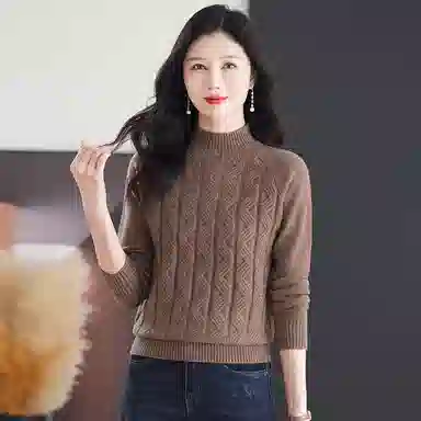 恒源祥 休闲简约气质时尚半高领纯色波浪纹路长袖针织衫 女款